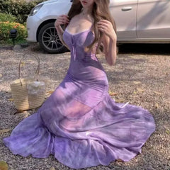 Cyflymder Purple Tie Dye Spaghetti Strap Mermaid Maxi Dress Summer Lace Trim Front Tie Women Slim Bodycon Flowy Bag Hip Long Evening Gown