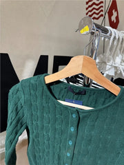 Cyflymder Drak Green O-neck Knit Cardigan Women Spring Cotton Casual Streetwear Slim Cropped Sweaters Vintage Simple Sweet Kniitwear Y2K