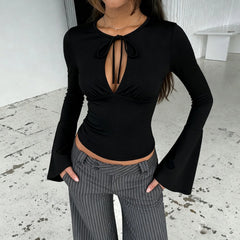 Cyflymder Hot Girl Style Design Hollow Bow Tie Solid Color Hot Girl Top Slim Fit Trumpet Sleeve T-shirt