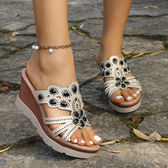 Cyflymder Woman Leather Slipper Summer Fashion Rhinestone Intersperse Wedge Female Thick-soled Platform Comfortable Slipper for Women