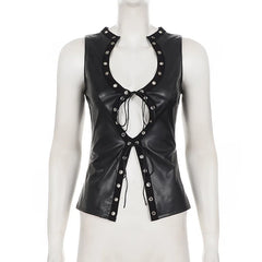 Cyflymder Punk Style Y2K Grommet Lace Up PU Leather Tanks Top Women Fashion Hollow Out V Neck Sleeveless Slim Vests Night Clubwear Tees