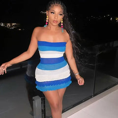 Cyflymder Striped Knitting Sheer Birthday Dress for Women Party Night Sleeveless Strapless Stretchy Slim Club Mini Short Dresses Vestidos