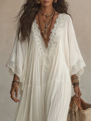 Cyflymder Beach Style Long Dress for Women White V-Neck Batwing Sleeve Lace Splice Elegant Loose Dress Summer Fashion Vacation Dresses