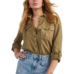 Cyflymder Women Double Pockets Splice Decoration Denim Shirt New Single-breasted Cardigan Lapel Blouse Autumn Casual Commuter Female Tops