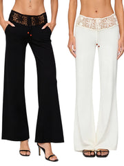 Cyflymder Ladies Crochet Waistband Drawstring Trousers in Solid Color with Flared Legs - Stylish and Comfortable Mid Rise Pants