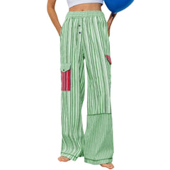 Cyflymder Fashion New Style Striped Patchwork High Street Long Pocket Trousers Elastic High Waist Casual Versatile Cool Pants For Girls