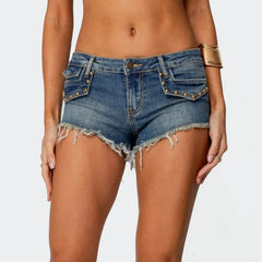 Cyflymder Women's Fringed Low Waist Denim Shorts Rivets Distressed Micro Hot Shorts Jeans for Summer Festivals Raves and Nightclub