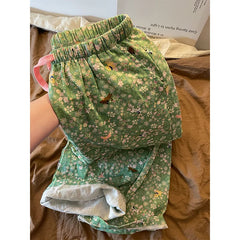 Cyflymder Puppy Floral Pajama Pants Women's Summer Green Loose Casual Straight Comfortable Skin-friendly Home Trousers
