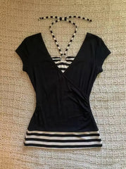 Cyflymder Aesthetic Halter T-shirt Y2k 2000s Harajuku Goth Short Sleeves Punk Crop Top Fake 2Piece Slim Backless Woman Clothes Summer Tees