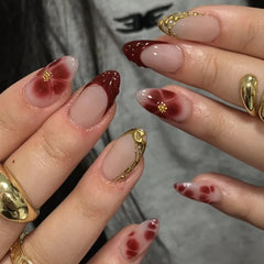 Cyflymder French Halo Dyeing Flowers Petal Almond Nail Art Fall Winter Fashion False Nails Detachable Finished Fake Nails Press on Nails