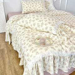 Cyflymder Premium 100% Gauze Cotton Farmhouse Floral Large Ruffles Bedding Set Soft Crepe Duvet Cover Bed Sheet/Fitted Sheet Pillowcases