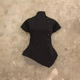Cyflymder New Chinese Style Lrregular Stand Collar Short Sleeve T Shirts Y2k High Street Personality Single Breasted Slim Clothes Punk Top