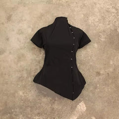 Cyflymder New Chinese Style Lrregular Stand Collar Short Sleeve T Shirts Y2k High Street Personality Single Breasted Slim Clothes Punk Top