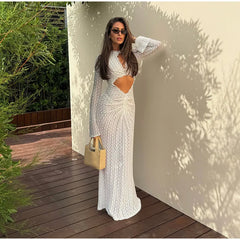 Cyflymder Lace Sheer Cutout Irregular Maxi Dress Round Neck Mesh Textured Waist Hollow Spring Summer Party Lady Women Boho Vestido