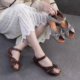 Cyflymder Summer New Peep Toed Sandals women Hollowed Out Hand Woven Flat Sandals Leather Retro Low Heel