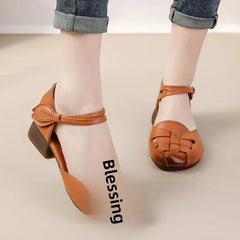 Cyflymder Breathable Leather Upgraded Version Mom Shoes Mid Heel Soft Bottom Sandals Women Thick Heel Genuine Leather Footwear