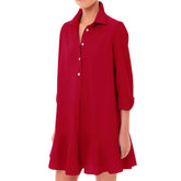 Cyflymder Fashion Casual Commute Half Open Shirt Hem Ruffle Classic Solid Color 3/4 Sleeve Turn-down Collar Knee Length Dress For Ladies