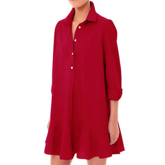 Cyflymder Fashion Casual Commute Half Open Shirt Hem Ruffle Classic Solid Color 3/4 Sleeve Turn-down Collar Knee Length Dress For Ladies