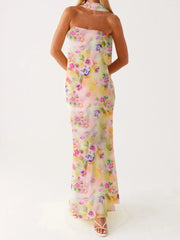 Cyflymder Elegant Floral Print Strapless Maxi Dress with Ruffle Detail and Matching Headscarf for Women