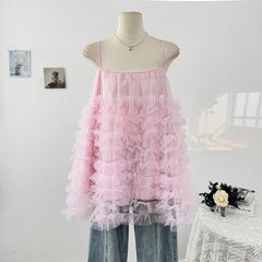 Cyflymder Y2k Tops Women Layered Ruffle Mesh Fluffy Party Fashion Camisole Vest 2025 Summer Solid Sleeveless All Match Tank Top