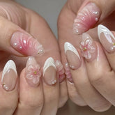 Cyflymder 24pcs French Almond Press on Nails Flower False Nails Cute Wearable Stick-on Nails Fake Nail Накладные Ногти 네일팁 Uñas Postizas