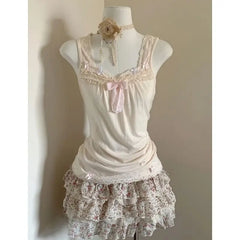 Cyflymder Harajuku Y2K Lolita 2 Piece Outfits Women Cute Lace Tops and A Line Floral Skirt Sets Japanese Sweet Vintage Party Wear
