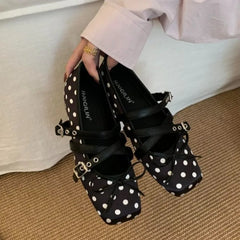 Cyflymder Summer New Buckle Latch Soft-soled Flats Shoes Square Head Women Shoes Polka Women Shoes Fashion Shallow Flat Shoes 29847