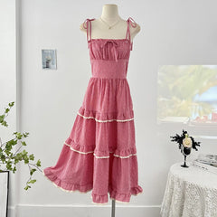 Cyflymder Sweet Lace Spliced Plaid Suspender Dress Women 2025 Summer Sleeveless High Waist A-line Layered Cake Beach Long Dresses