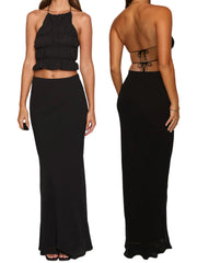 Cyflymder Elegant Two Piece Skirt Sets for Women Stylish Smocked Halter Neck Crop Top with Fit Long Skirt Ensemble in Solid Color