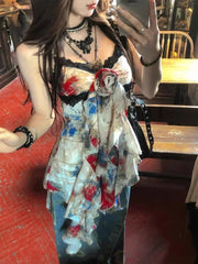 Cyflymder New American Style Sexy Gyaru Halter Top Women Design Sweet Print Slim Camisole Summer High Street Coquette Asymmetrical Tees