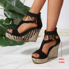 Cyflymder Women's Fashion Slope Heel Sandal Tassels Hollowed Out Elastic Strap Thick Bottom Height Increase Open Toe Woven Vintage Sandals