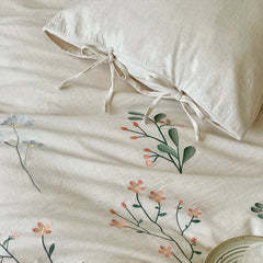 Cyflymder Linen Cotton Jacquard Flowers Embroidery Bedding Set Queen King Size Duvet Cover Set Flat/Fitted Bed Sheet Pillowcases 4Pcs