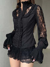 Cyflymder Elegant Floral Embroidered Blouse Stylish V-Neck Long Sleeve Button Down Shirt Casual Fit Lace Patchwork Top for Women