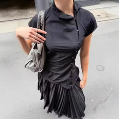 Cyflymder New Chinese Style Lrregular Stand Collar Short Sleeve T Shirts Y2k High Street Personality Single Breasted Slim Clothes Punk Top