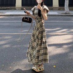 Cyflymder Vintage Plaid Aura Waist Long Dress Summer French Style A-Line Female Clothing Short Sleeve Stylish Cut Out Drawstring Dresses