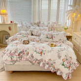 Cyflymder 100% Cotton Korean Princess Style Flowers Print Ruffles Bedding Set Single Duvet cover Quilted Fitted Sheet Pillowcases 3/4Pcs