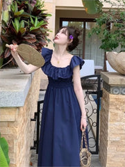 Cyflymder Black Square Collar Ruffle Dress Women New French High-end Slim-fit Elegant Long Dress vestidos de mujer elegantes para fiesta