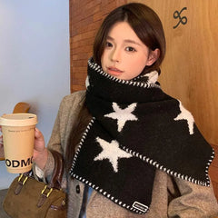 Cyflymder Korean Style Star Knit Scarf for Women Winter Warm Neck Wrap Fashion Streetwear Versatile Locked Edge Neck Scarf