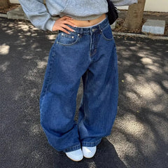 Cyflymder Washed American Style Wide Leg Jeans High Waist Straight Cut Commute Elegant High Quality Cotton Polyester Blend No Stretch