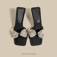 Cyflymder Fashion Bowknot Luxury High Heels Slippers Women Slip on Open Toe Summer Slippers Woman Stiletto Heels Party Shoes 54989