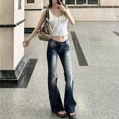 Cyflymder Women Fashion Washed Denim Flares Pants Korean Style Low-Waist Slimming Wide Leg Jeans Female Streetwear Sexy Slim Y2K Trousers
