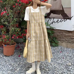 Cyflymder Preppy Style Plaid Matching Sets Women's Clothing Two Piece Set Summer Short Sleeve Loose A-Line Vintage Spliced Long Dress Sets