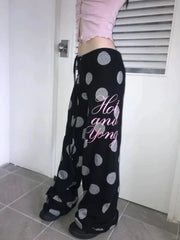 Cyflymder Polka Dot Drawstring Wide Leg Trousers Harajuku Letter Printing Straight Pants Y2k Aesthetic Vintage Casual Pantalones Women