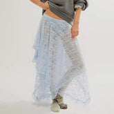 Cyflymder Women's Solid Color Midi Skirts Lace Elastic High Waist Skirts Spring Summer Sweet Irregular Hem Casual Skirts