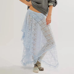 Cyflymder Women's Solid Color Midi Skirts Lace Elastic High Waist Skirts Spring Summer Sweet Irregular Hem Casual Skirts