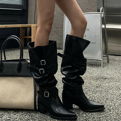 Cyflymder Autumn Vintage Thick Heel Women Knight Boots Fashion Belt Buckle Shoes Ladies Elegant Pointed Toe Mordern Knee High Booties