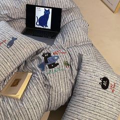 Cyflymder New Cotton Hemp Embroidery Bedding Sheet Sets Solid Cartoon Comfortable Soft Duvet Cover Kit Fitted Sheet Set for Single Queen
