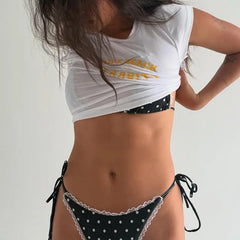 Cyflymder Three Piece Swimsuit Y2k Polka Dot Bikini Set Halter String Triangle Top with Tie Up Thong Removable Skirts