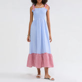 Cyflymder Summer Midi Dress Women Fashion Plaid Tie-Up Shoulder Straps Sleeveless Dress Fashion Casual Swing Dress