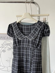 Cyflymder Summer Vintage Plaid Print Peter Pan Collar Puff Sleeve Buttons A-LINE Short Woman Dress